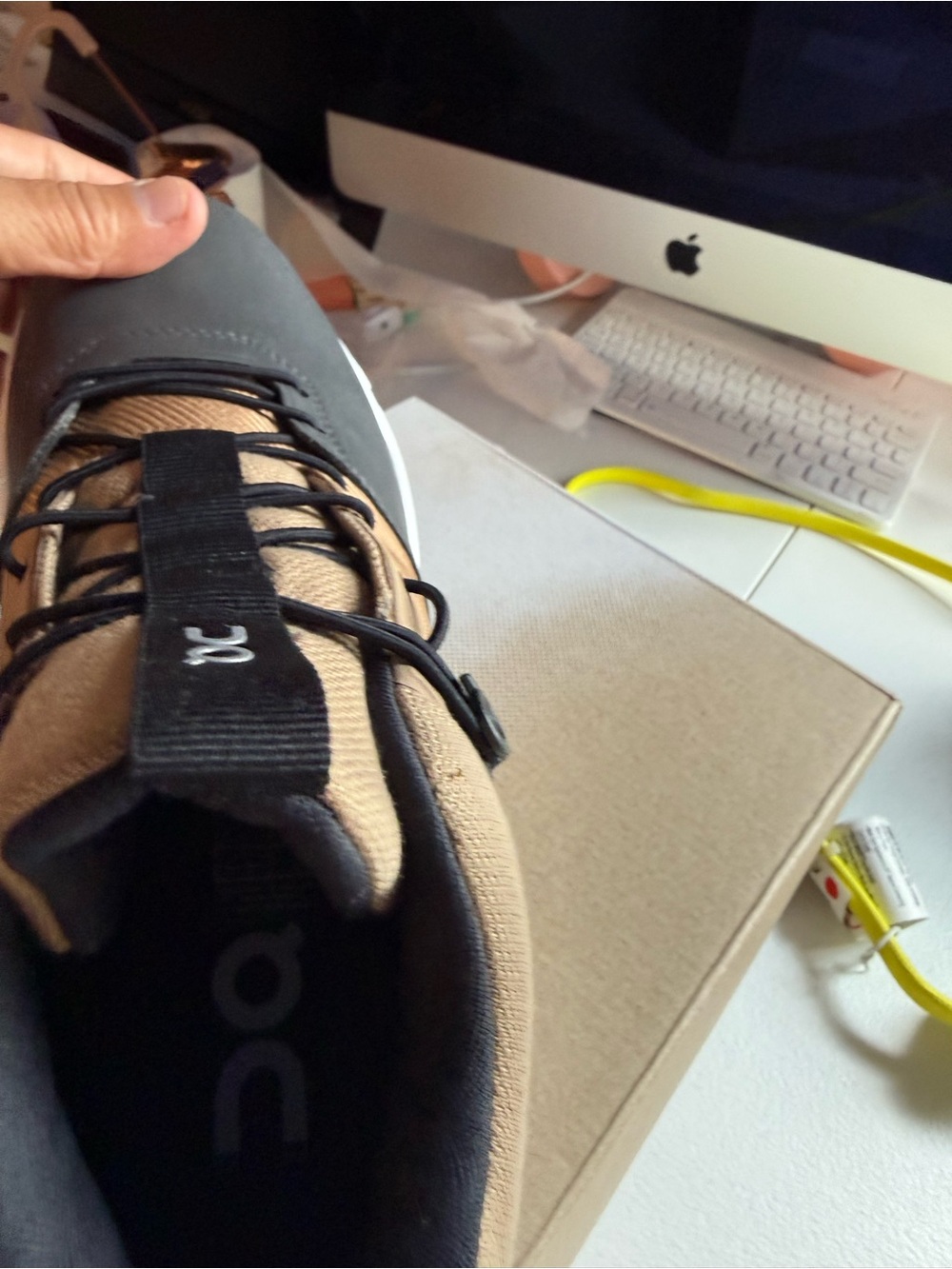 On Running Men's Athletic Shoe in Tan and Black - Picture 4 of 12